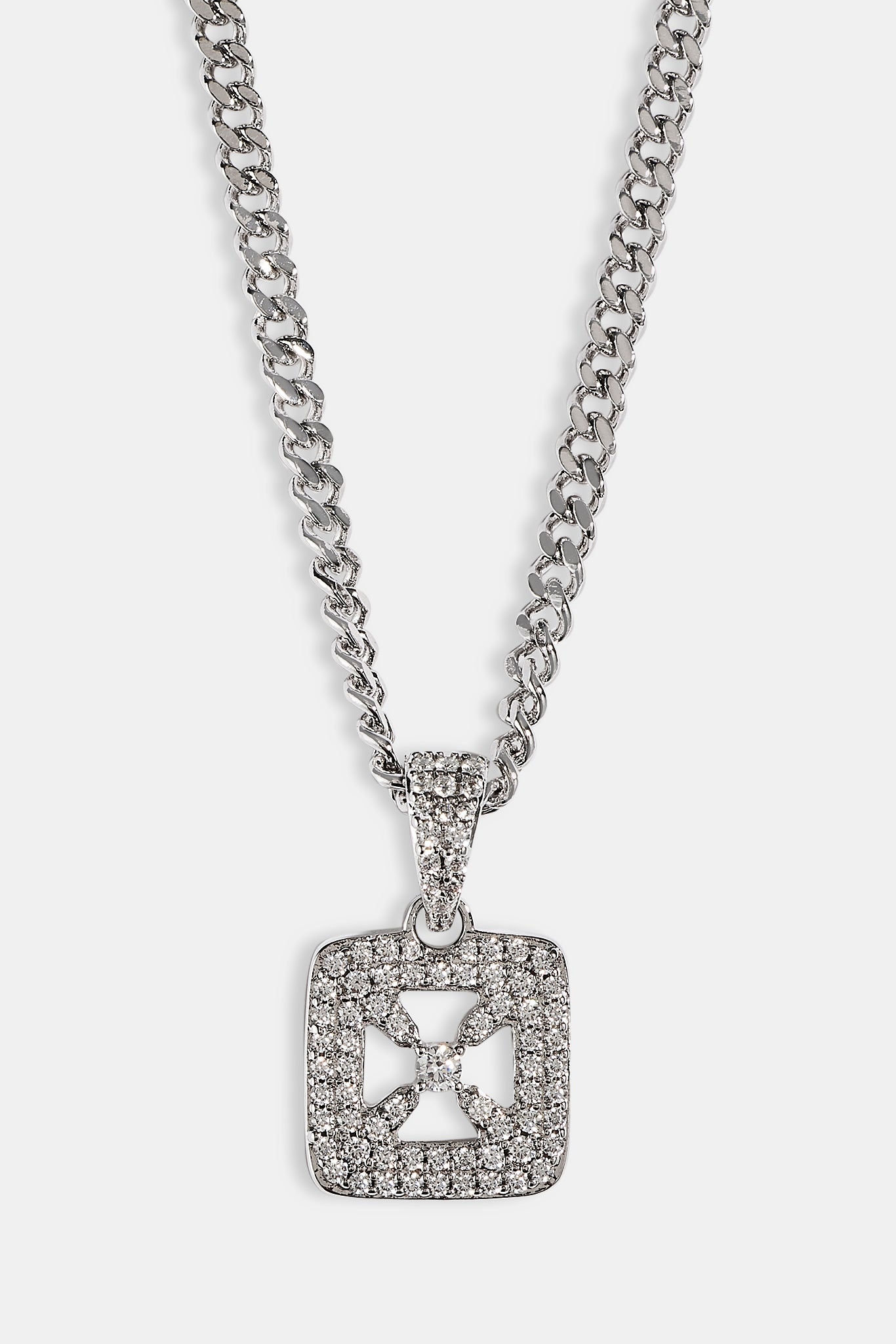 Iced Cross Outline CZ Necklace - 12mm - White