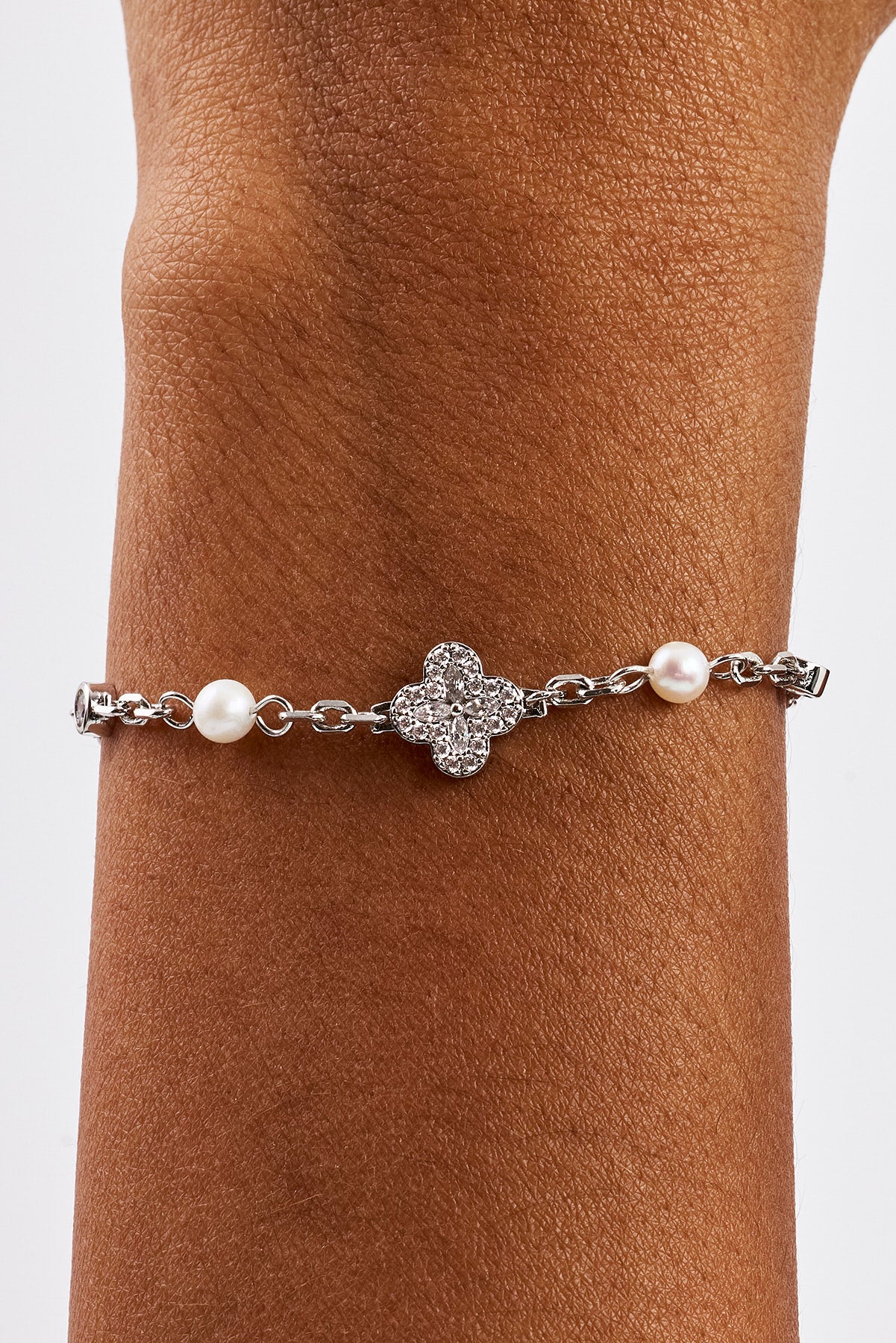 CZ & Micro Pearl Motif Bracelet - 3mm - White