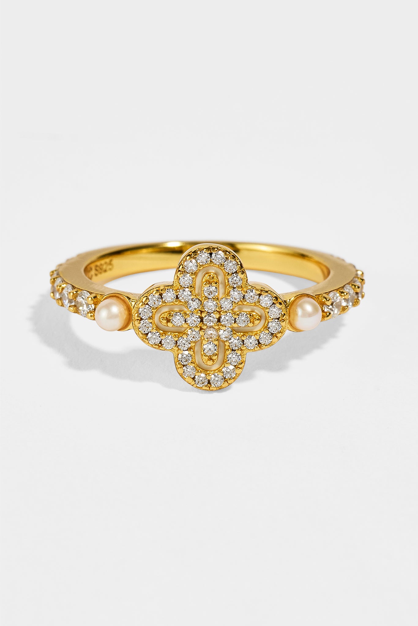 Iced Tennis & Micro Pearl Motif Ring - 5mm - Gold