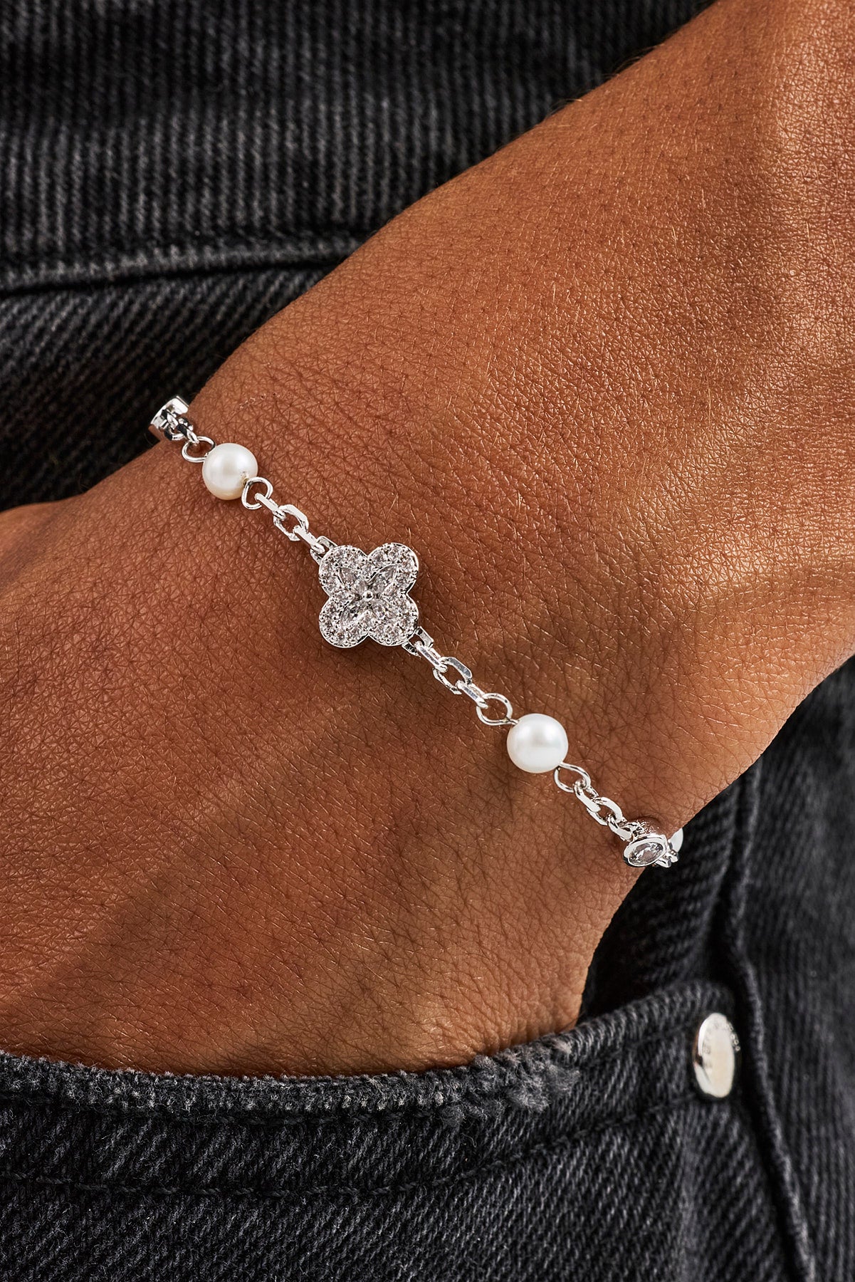 CZ & Micro Pearl Motif Bracelet - 3mm - White