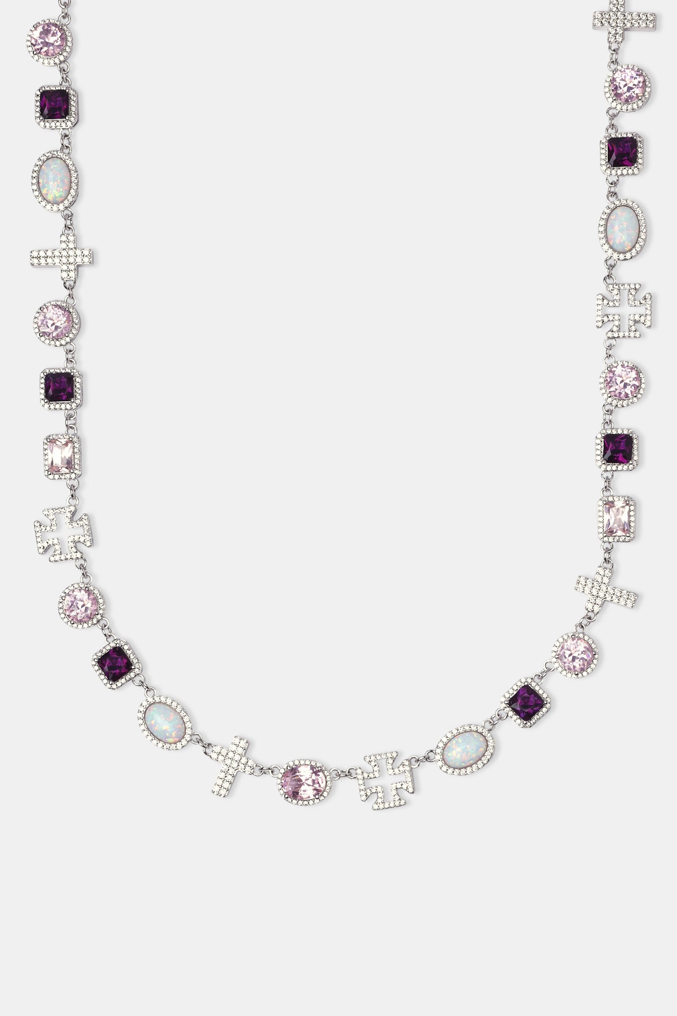 Pink Gemstone & Cross Motif Chain - White