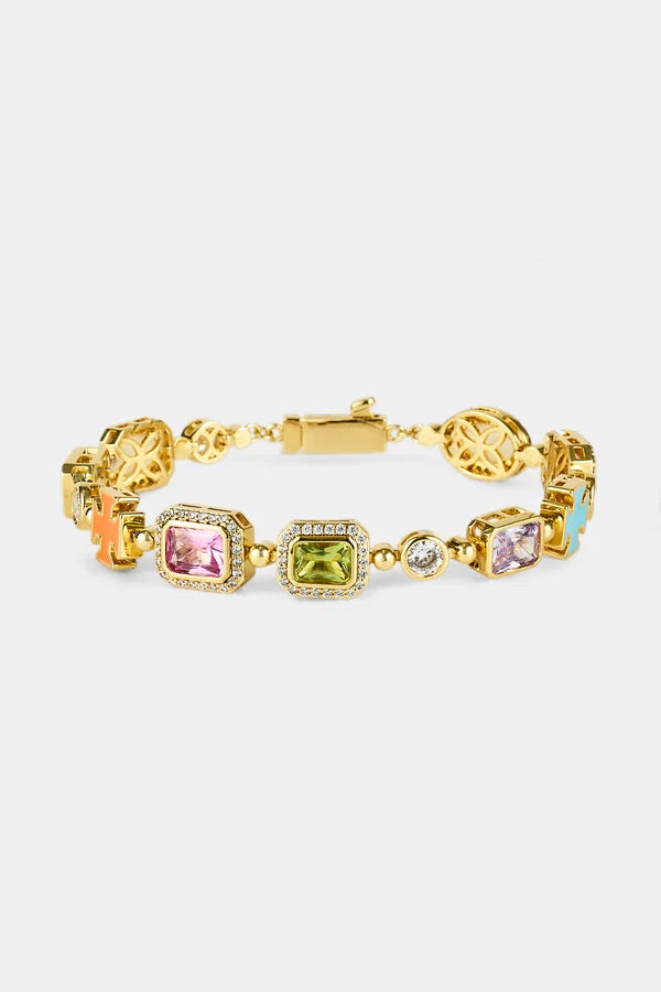 Pink Multi Gemstone Motif Necklace & Bracelet - 10mm - Gold