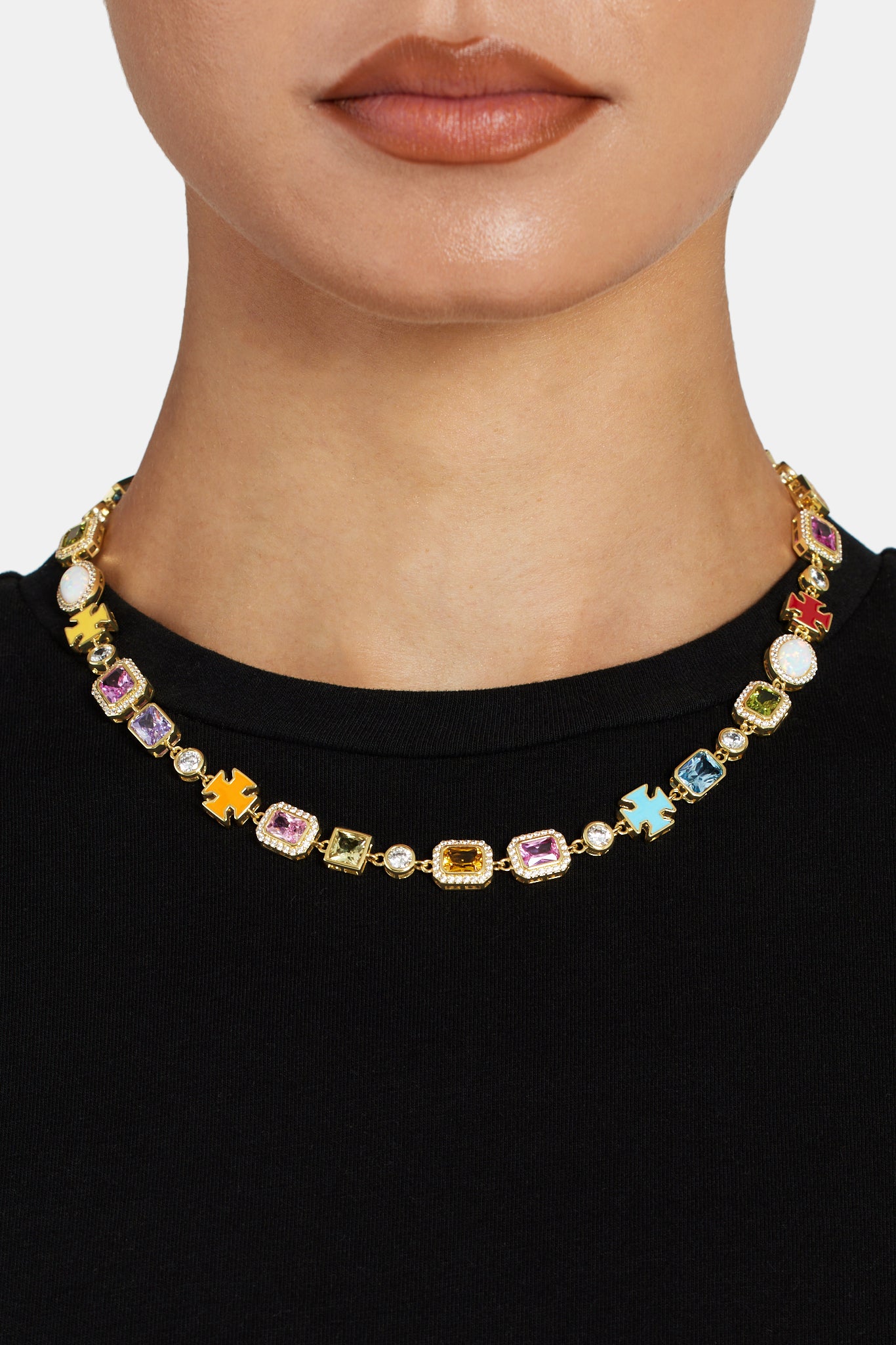 Pink Multi Gemstone Motif Necklace - Gold - 10mm
