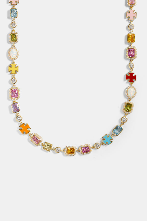 Pink Multi Gemstone Motif Necklace - Gold