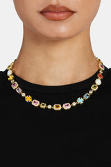 Yellow Gold Pink Multi Gemstone Motif Necklace