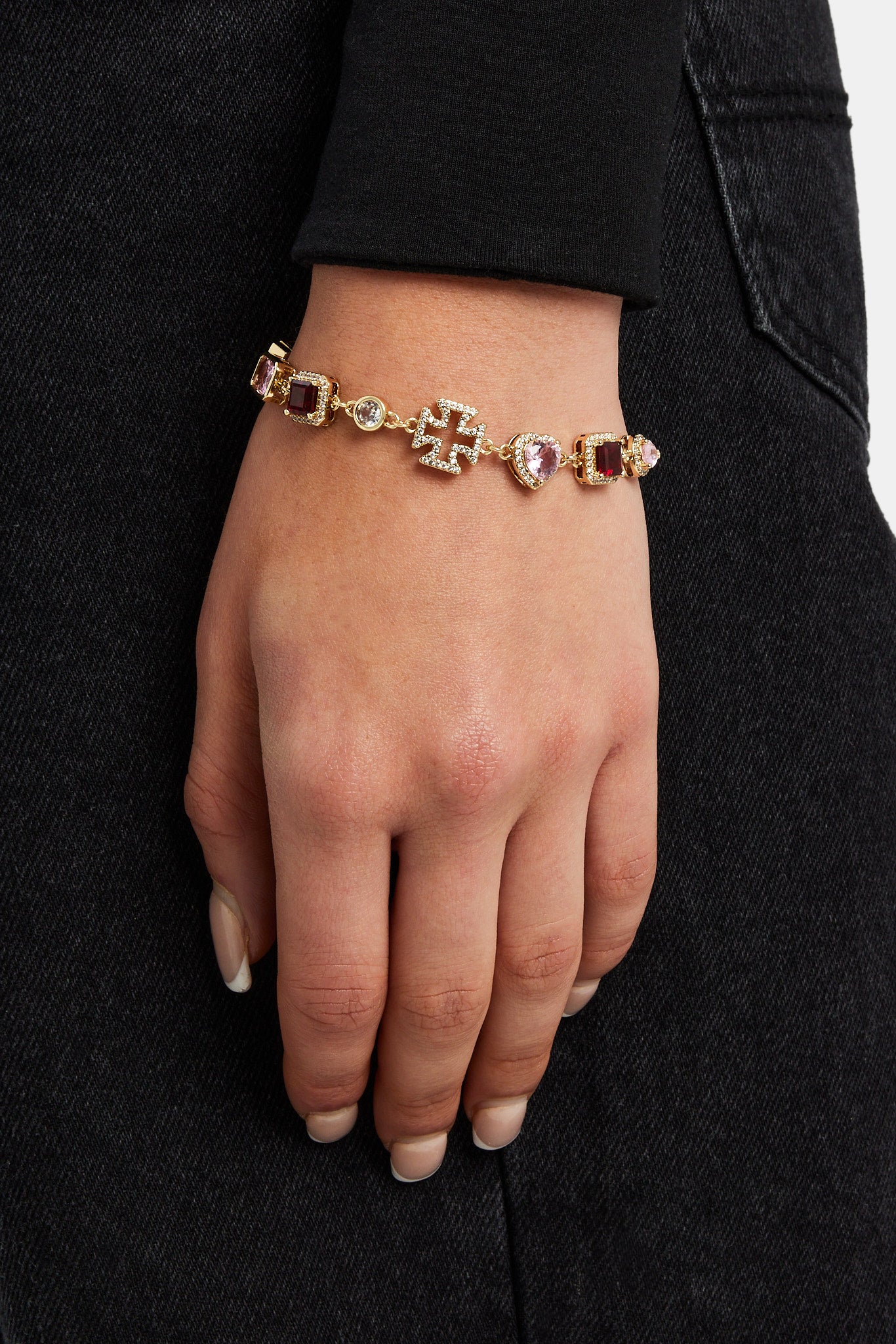 Pink Heart Multi Gem Bracelet - Gold - 10mm