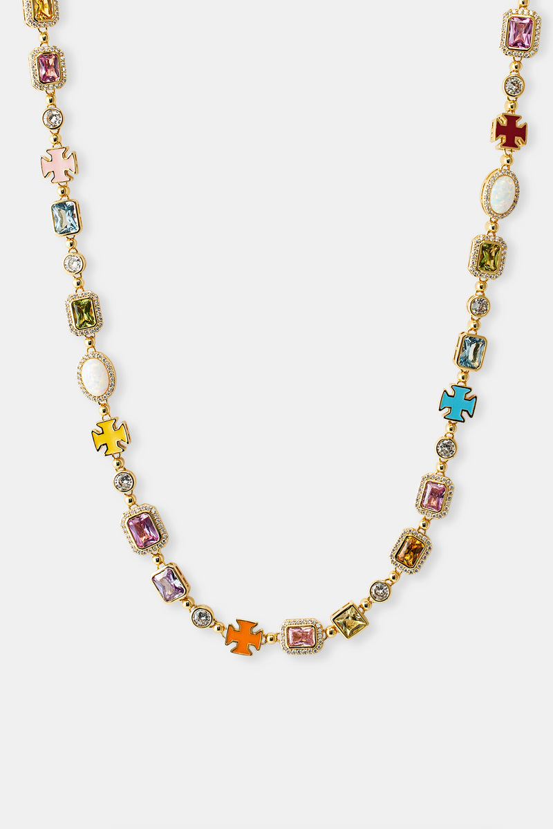 Pink Multi Gemstone Motif Necklace - Gold - 10mm