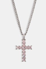 Pink Iced Cross Necklace - 20mm - White