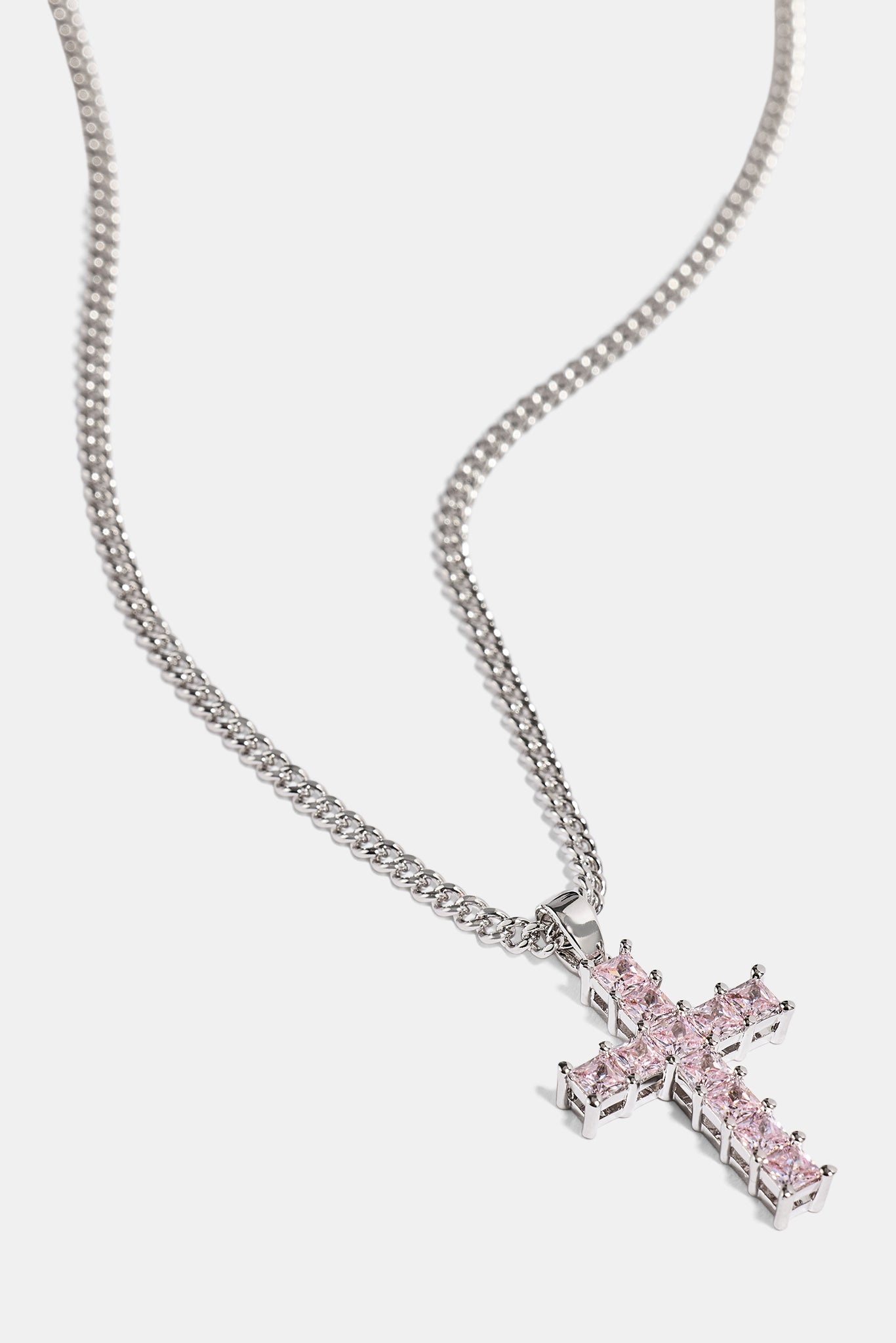 Pink Iced Cross Necklace - 20mm - White