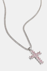 Pink Iced Cross Necklace - 20mm - White