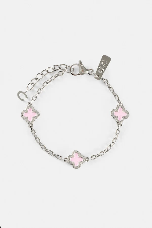 2.5mm Micro Tennis Bracelet & 10mm Pink Enamel Motif Rolo Link Bracelet - White