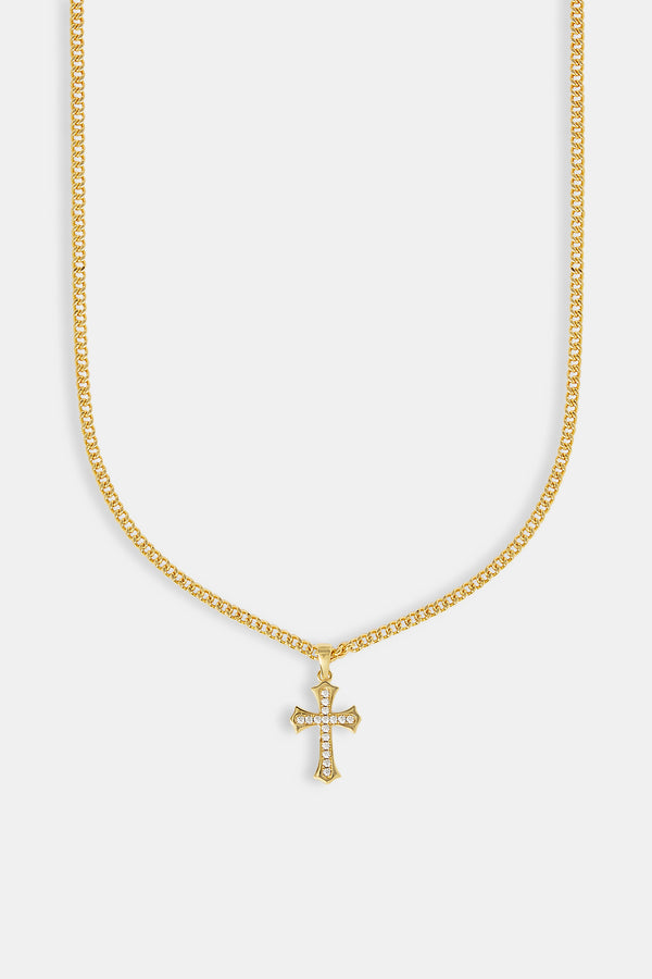 Polished Edge Iced Cross Cuban Necklace - 25mm - Gold
