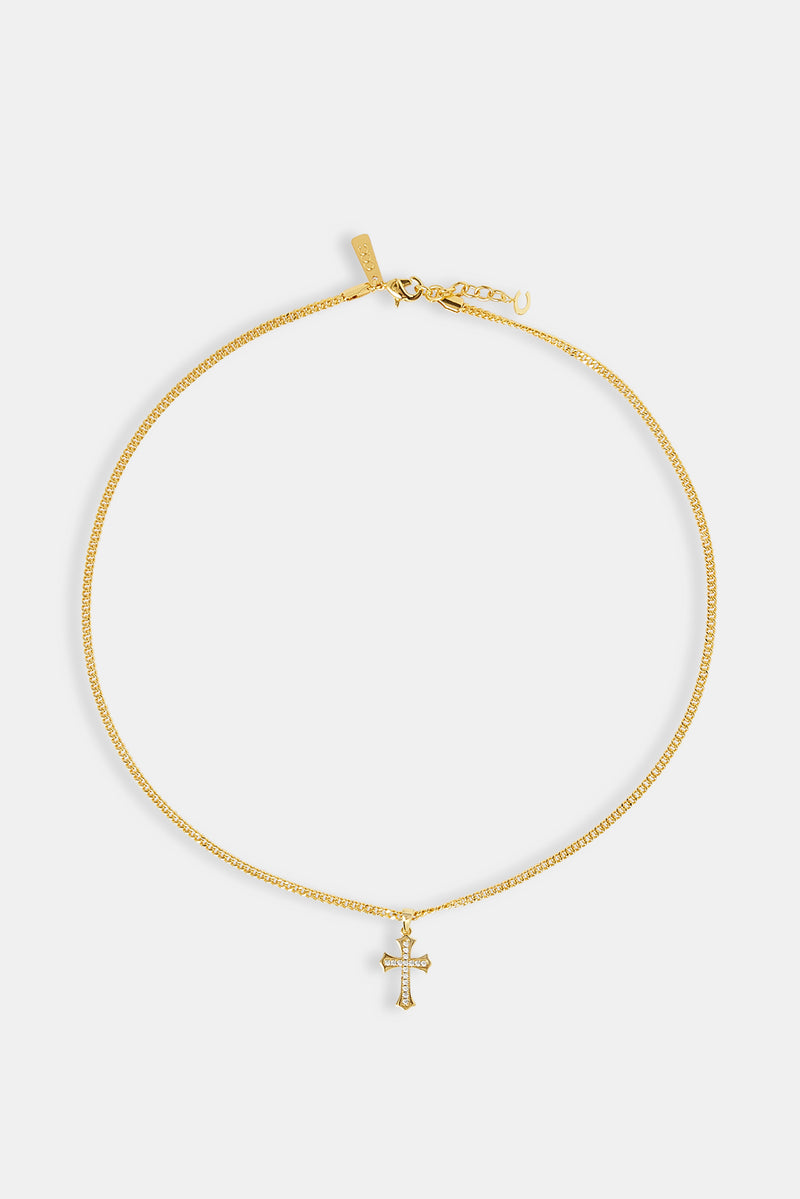 Polished Edge Iced Cross Cuban Necklace - 25mm - Gold