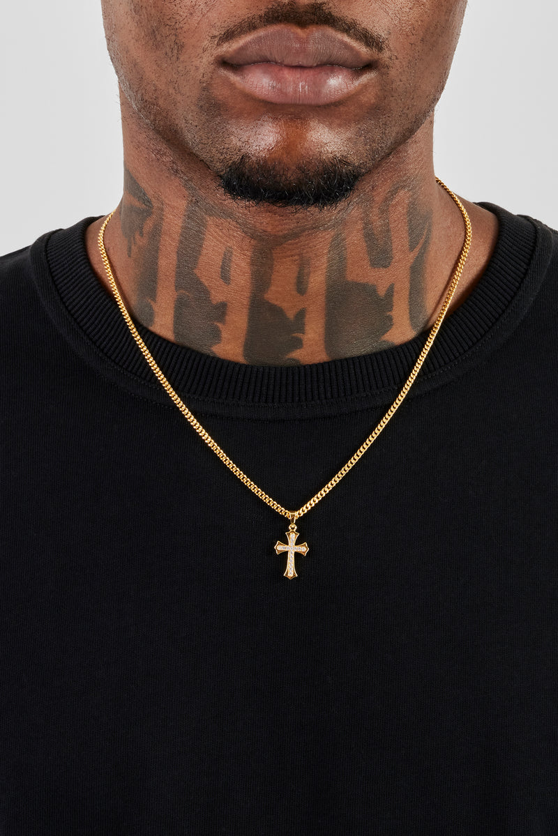 Polished Edge Iced Cross Cuban Necklace - 25mm - Gold