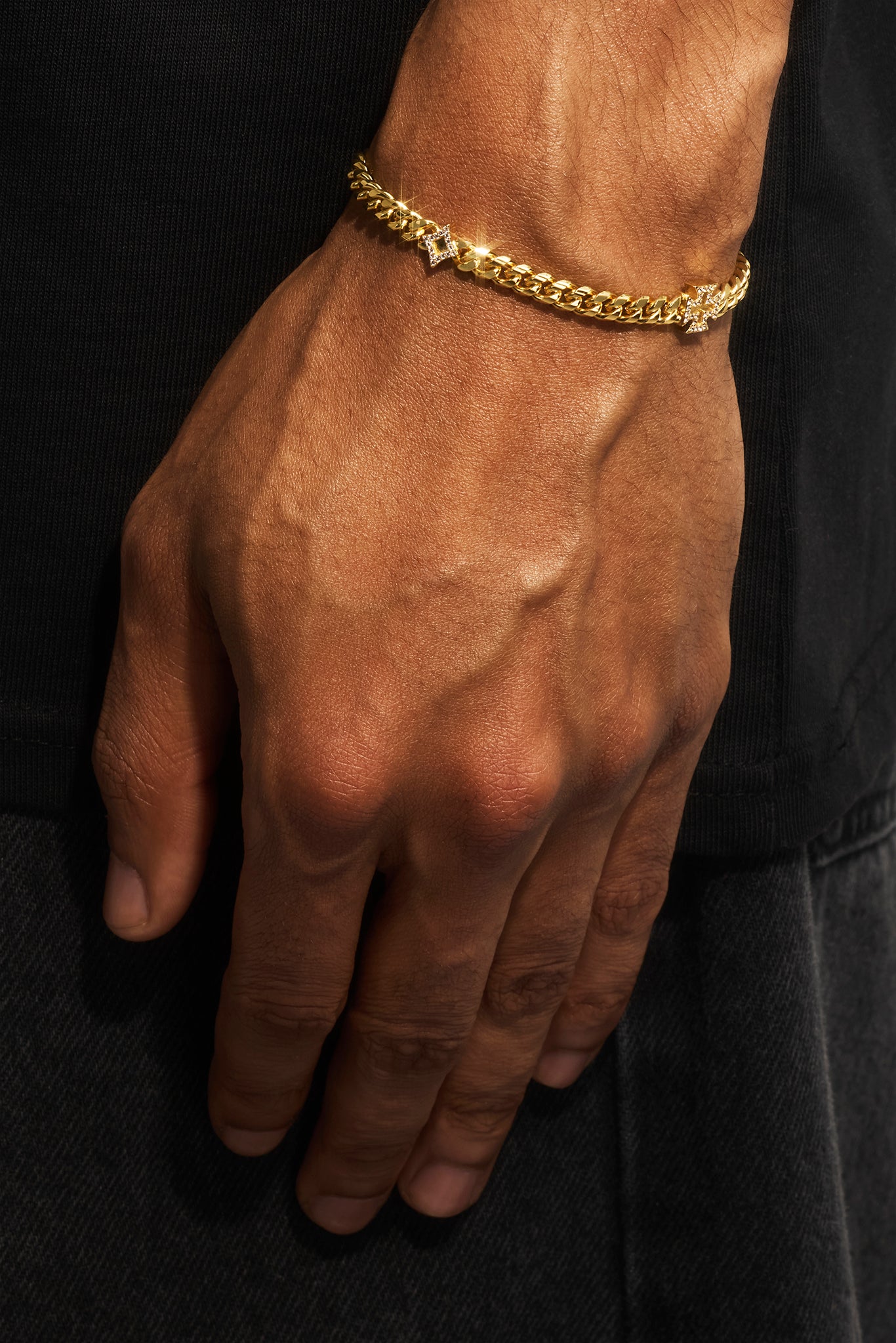 Polished Star & Cross Miami Cuban Bracelet - 8mm - Gold