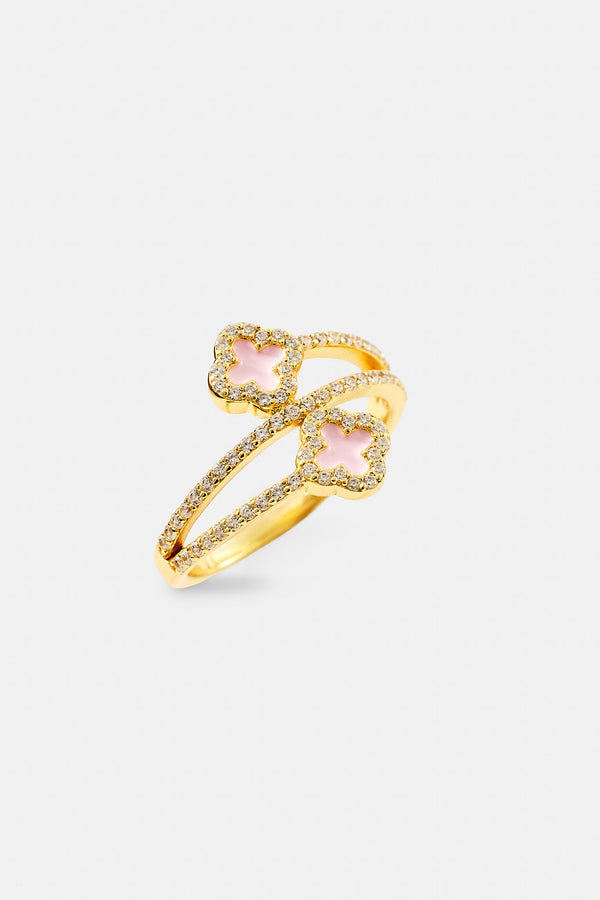 Gold Plated 925 15mm Pink Enamel Motif Twist Ring