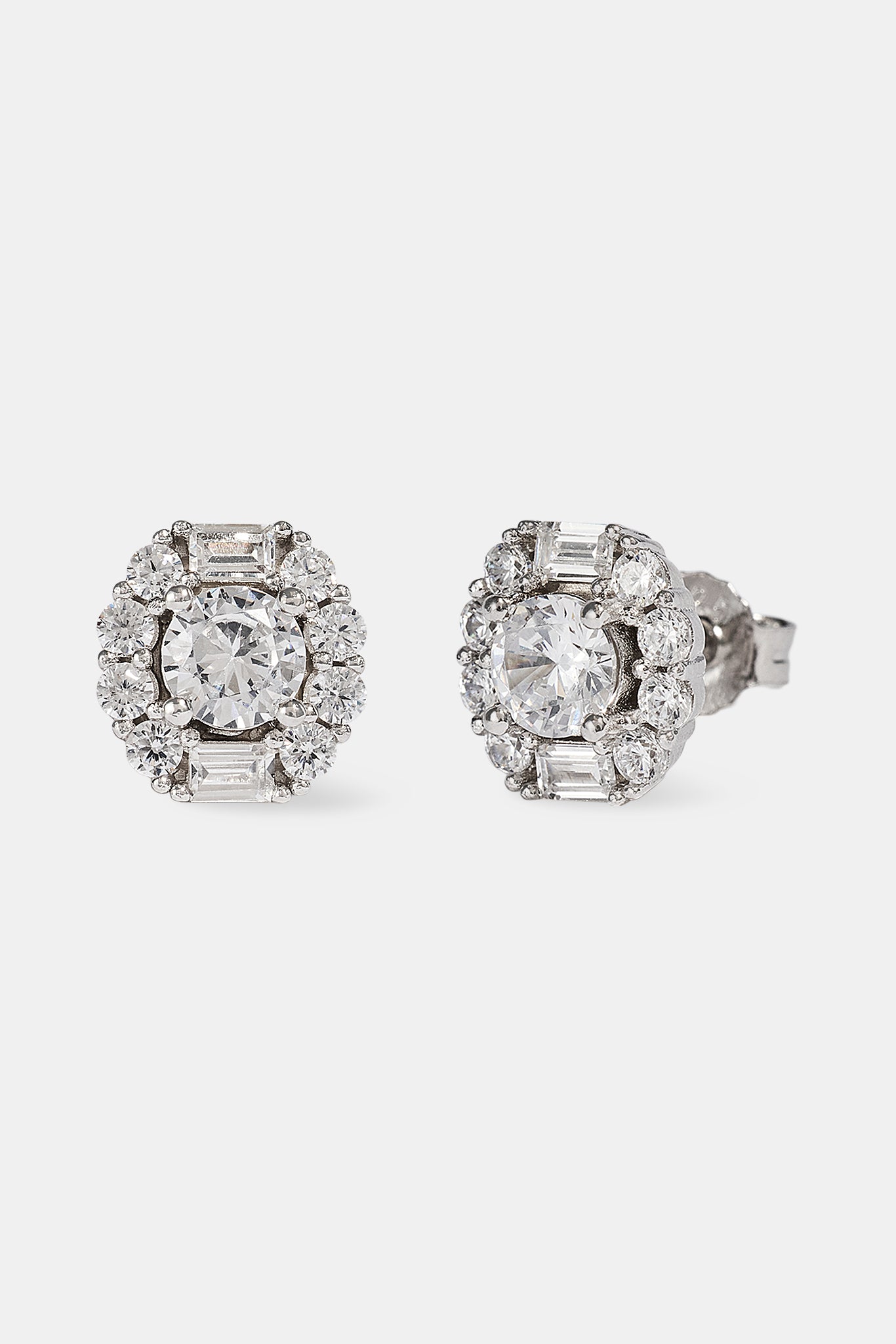 Round Baguette Cluster Stud Earrings - 9mm - White