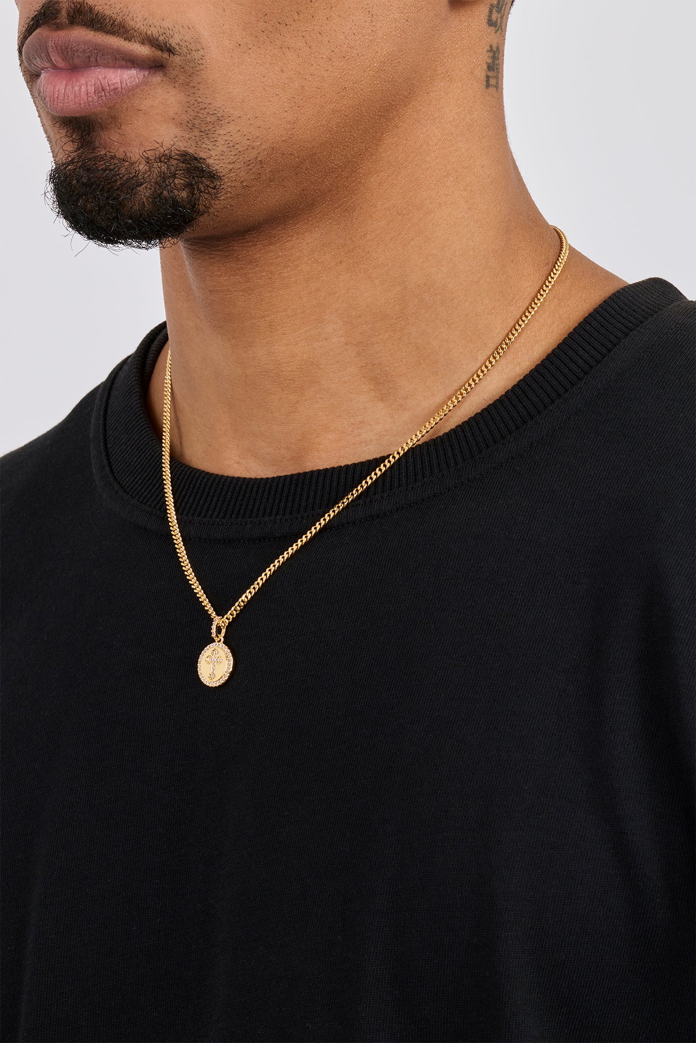 Iced Cross Disk Necklace - 13mm - Gold