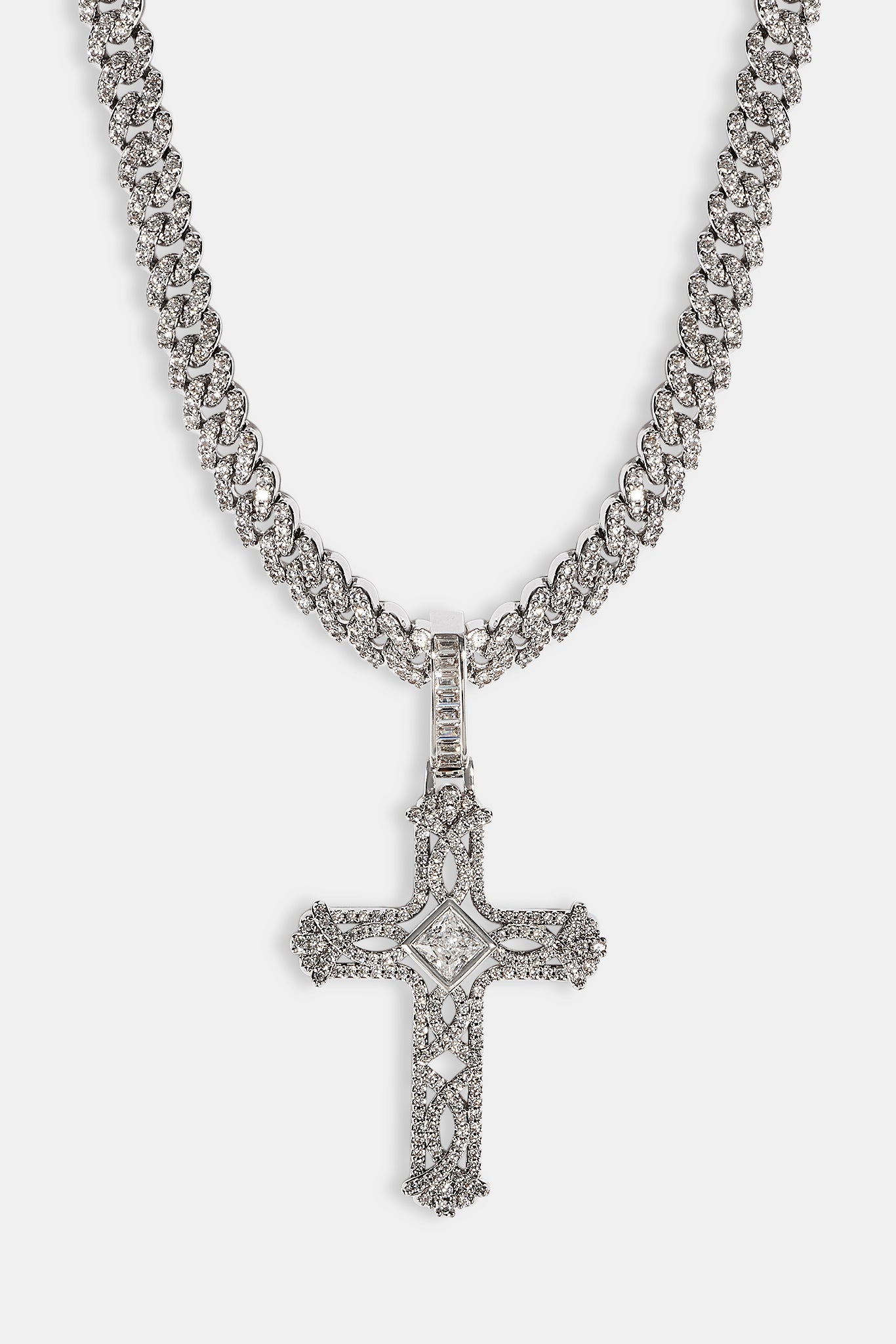 Centre Stone Cross Pendant Cuban Necklace - 25mm - White