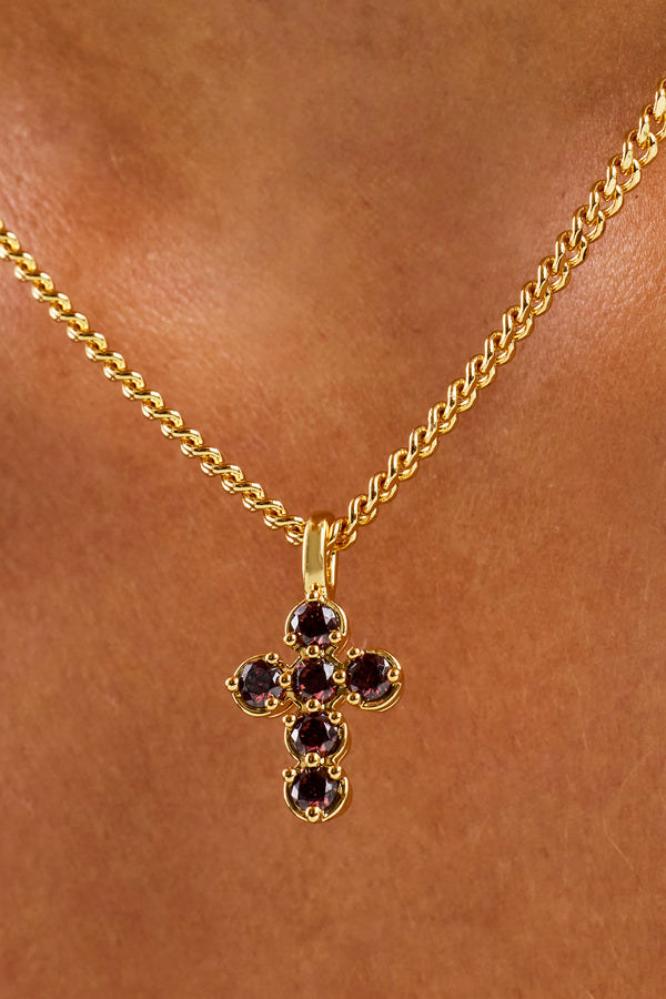 Chocolate CZ Stone Cross Necklace - 2.5mm - Gold