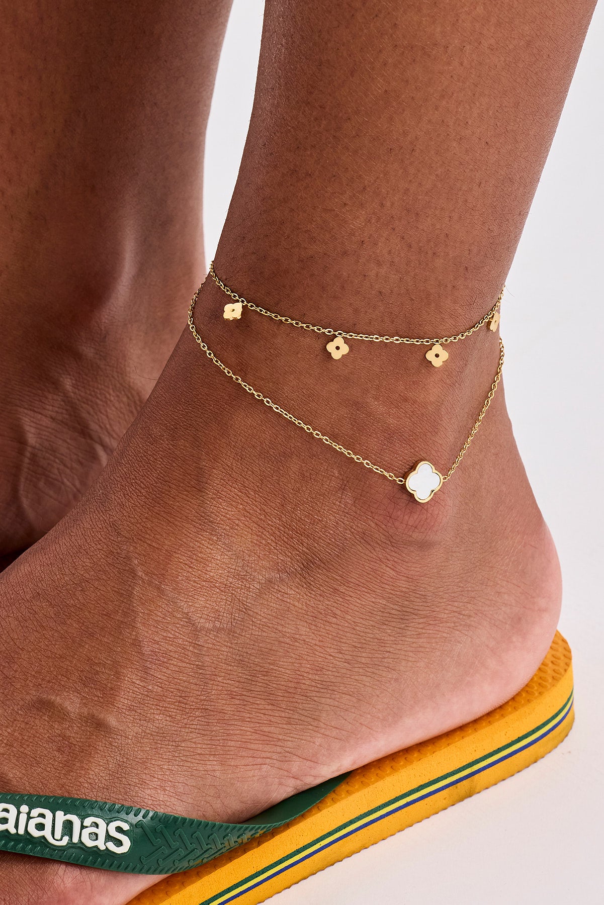 Double Layer Motif & Mother of Pearl Anklet - 10mm - Gold