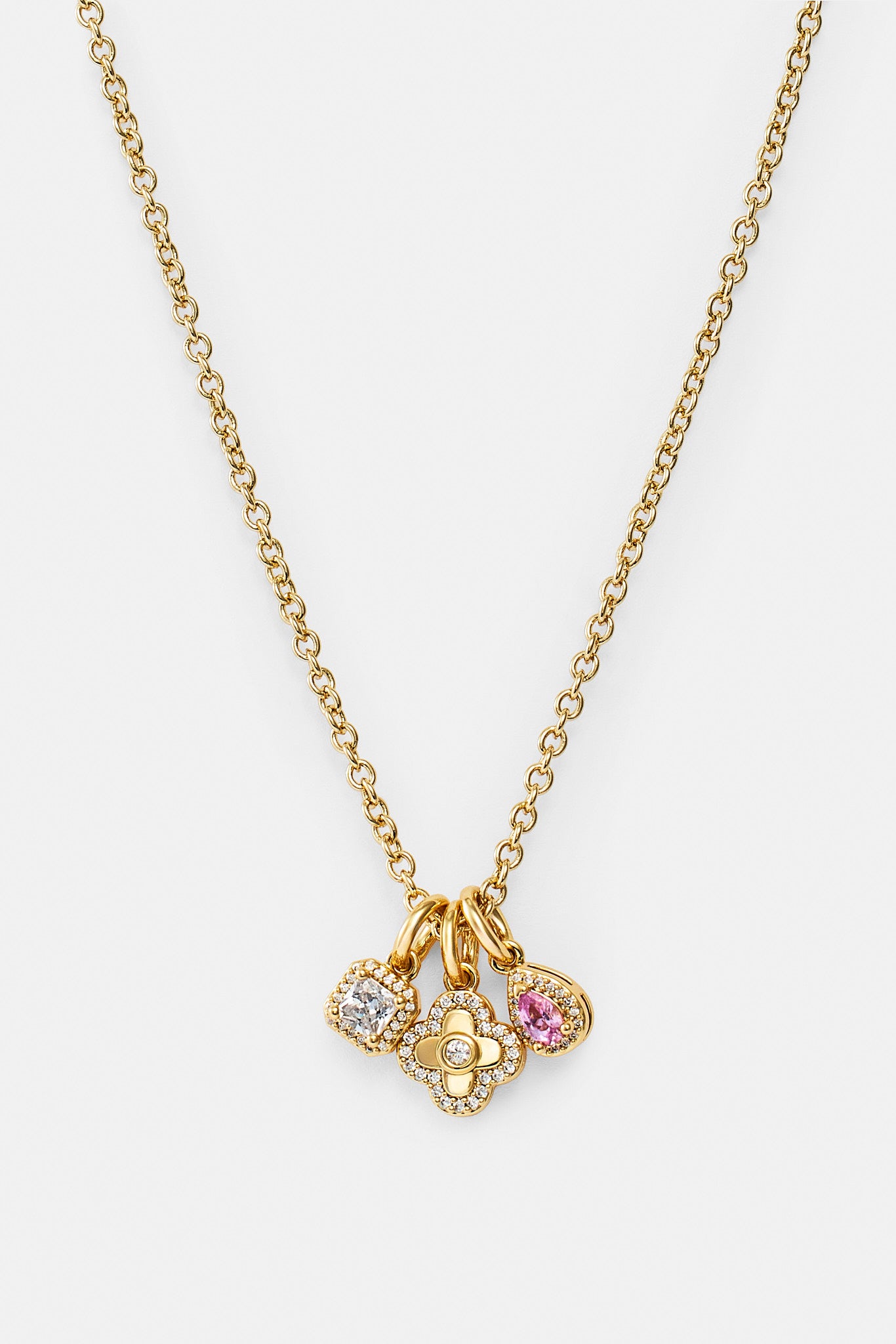 Triple Motif and Multi Gem Necklace - 10mm - Gold