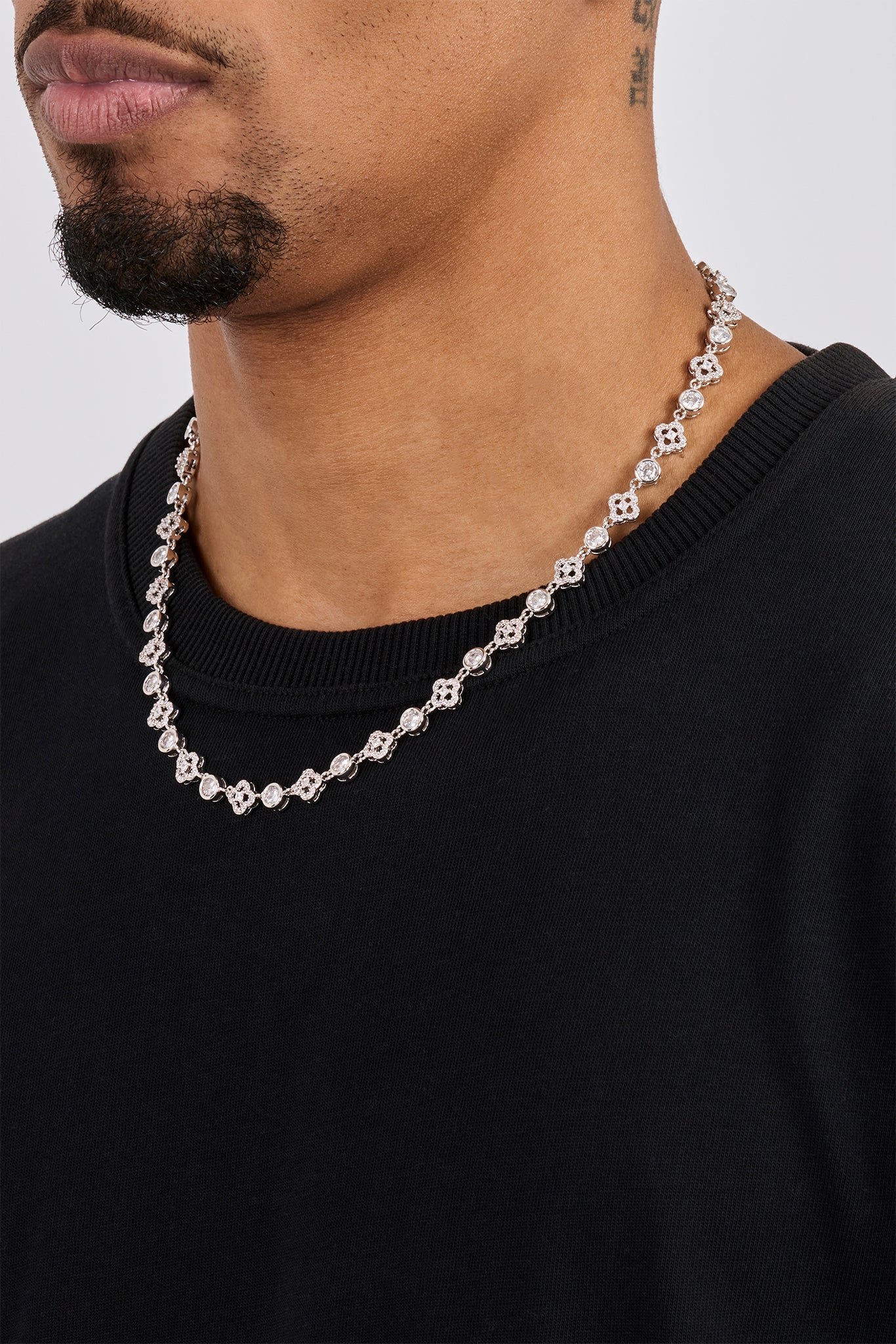 Iced Motif & Round Gemstone Chain - 8mm - White