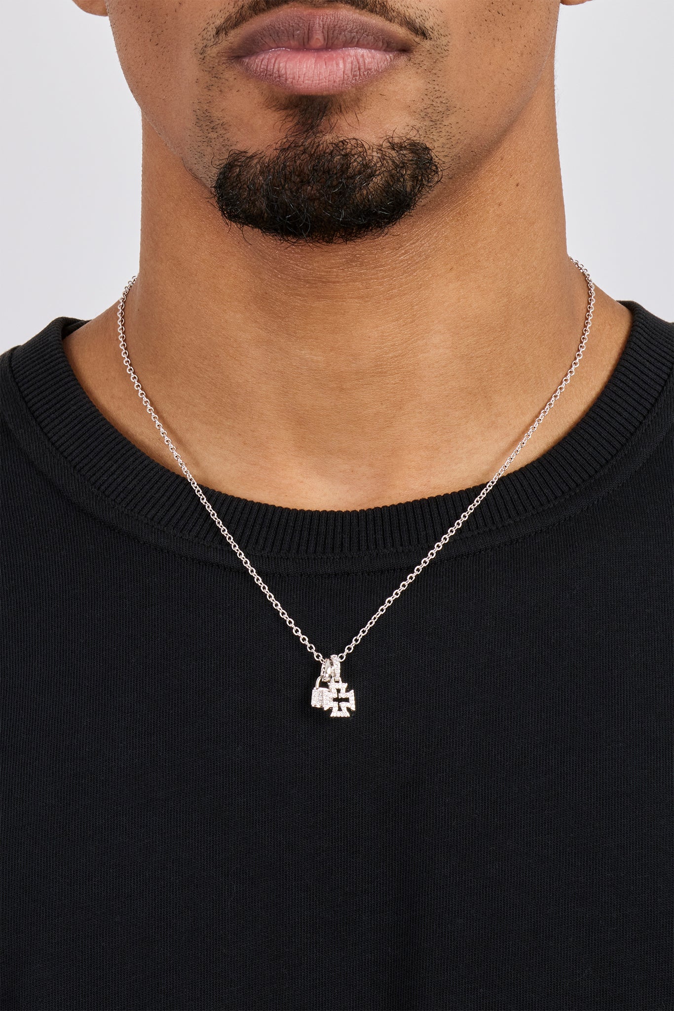 Mens Iced Padlock & Motif Necklace - 15mm - White