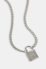 Iced Padlock Pendant Necklace - 15mm - White