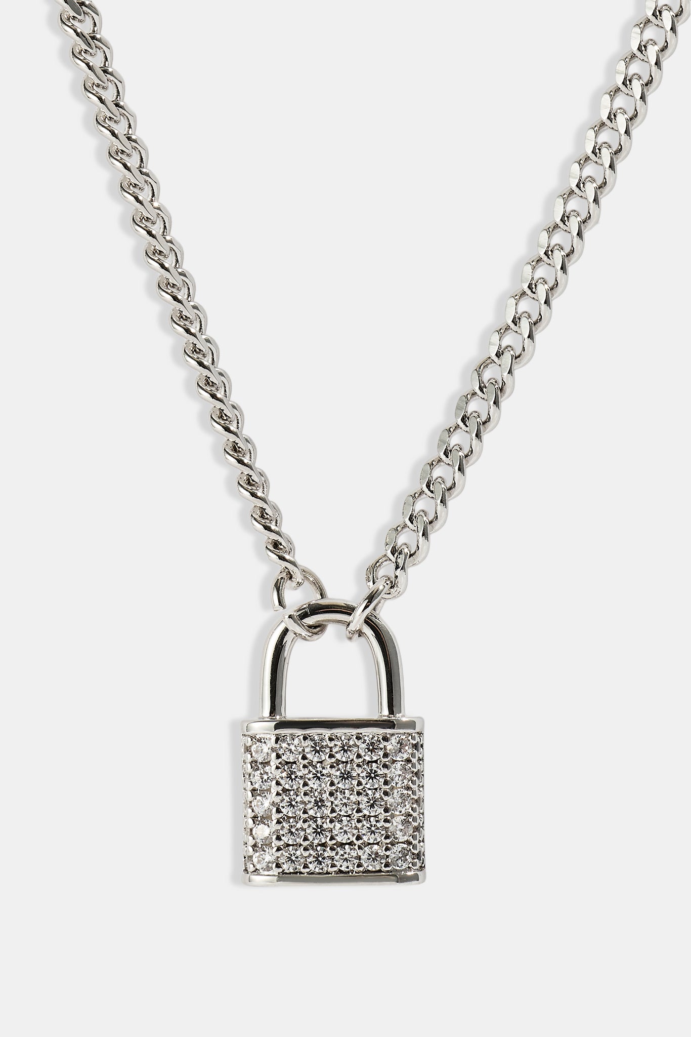 Iced Padlock Pendant Necklace - 15mm - White