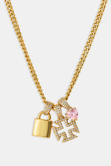 Triple Heart & Lock Pendant Necklace - 10mm - Gold