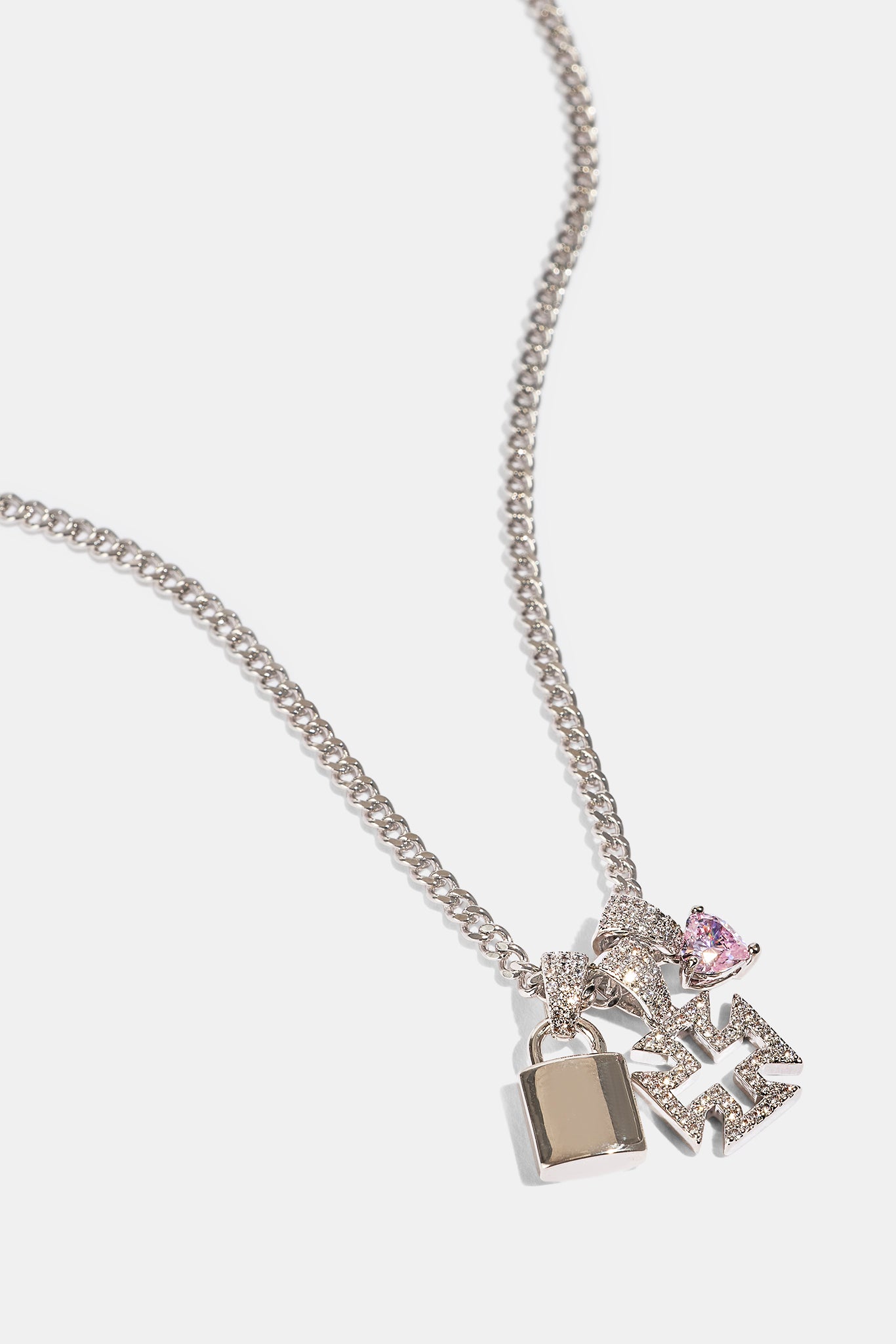 Triple Heart & Lock Pendant Necklace - 10mm - White