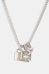 Triple Heart & Lock Pendant Necklace - 10mm - White