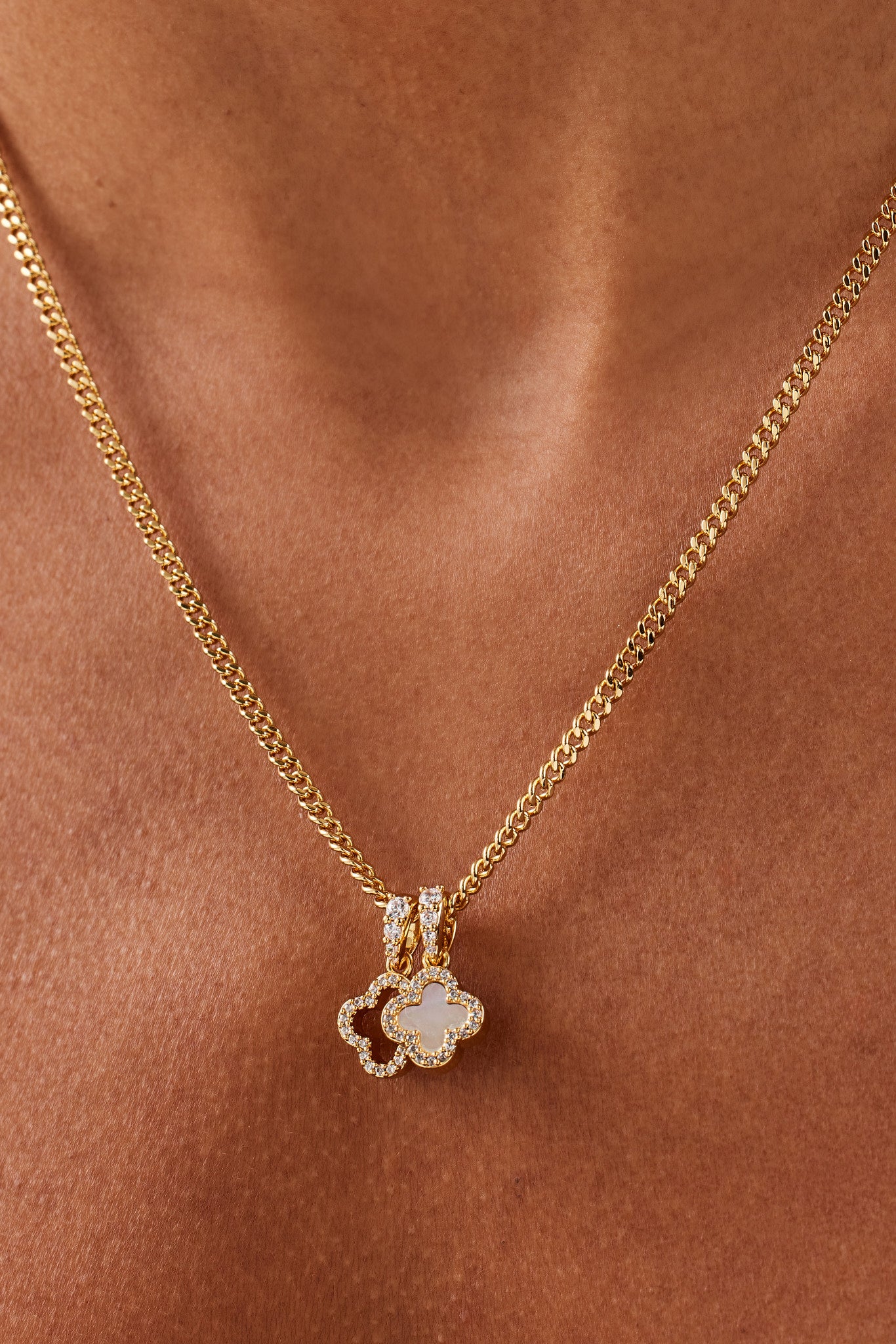 Iced & Mother Of Pearl Double Motif Necklace - 10mm - Gold