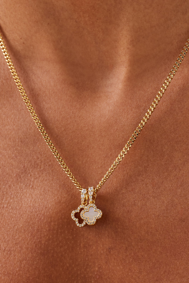 Iced & Mother Of Pearl Double Motif Necklace - 10mm - Gold