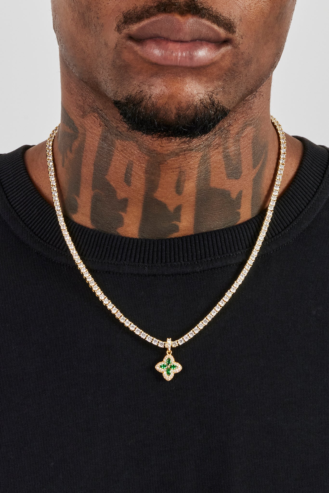 GLD × OTF Baguette Infinity Chain Iced Green Baguette Motif Infinity Pendant - 15mm - Gold | Mens