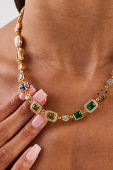 Multi Gemstone Motif Necklace - Gold Pink & Green - 10mm