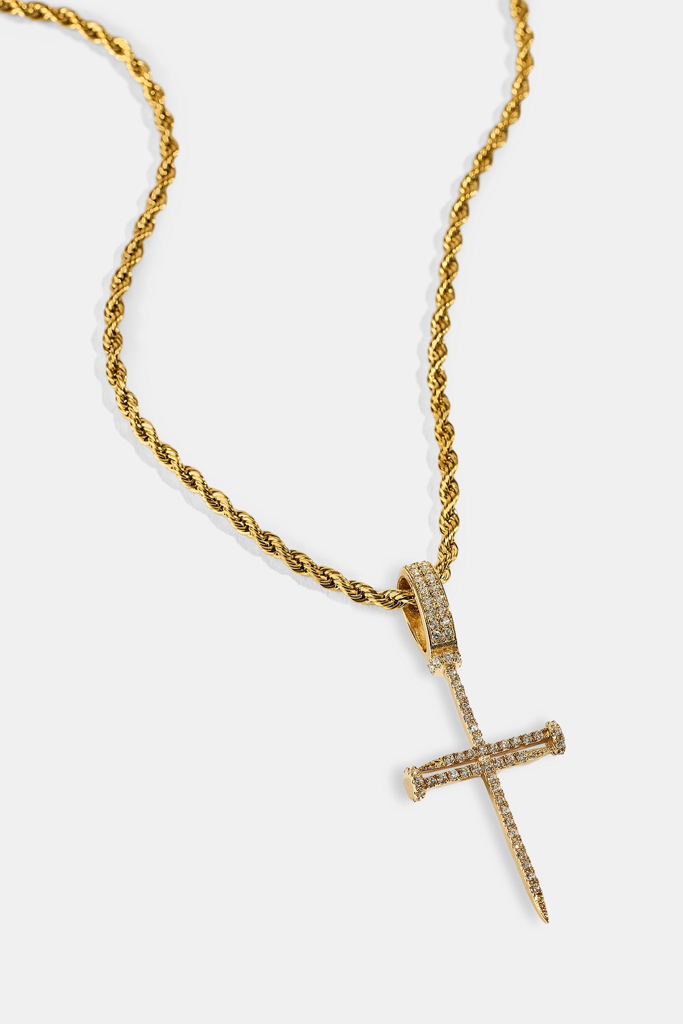 Iced Nail Cross Pendant Rope Necklace - 20mm - Gold
