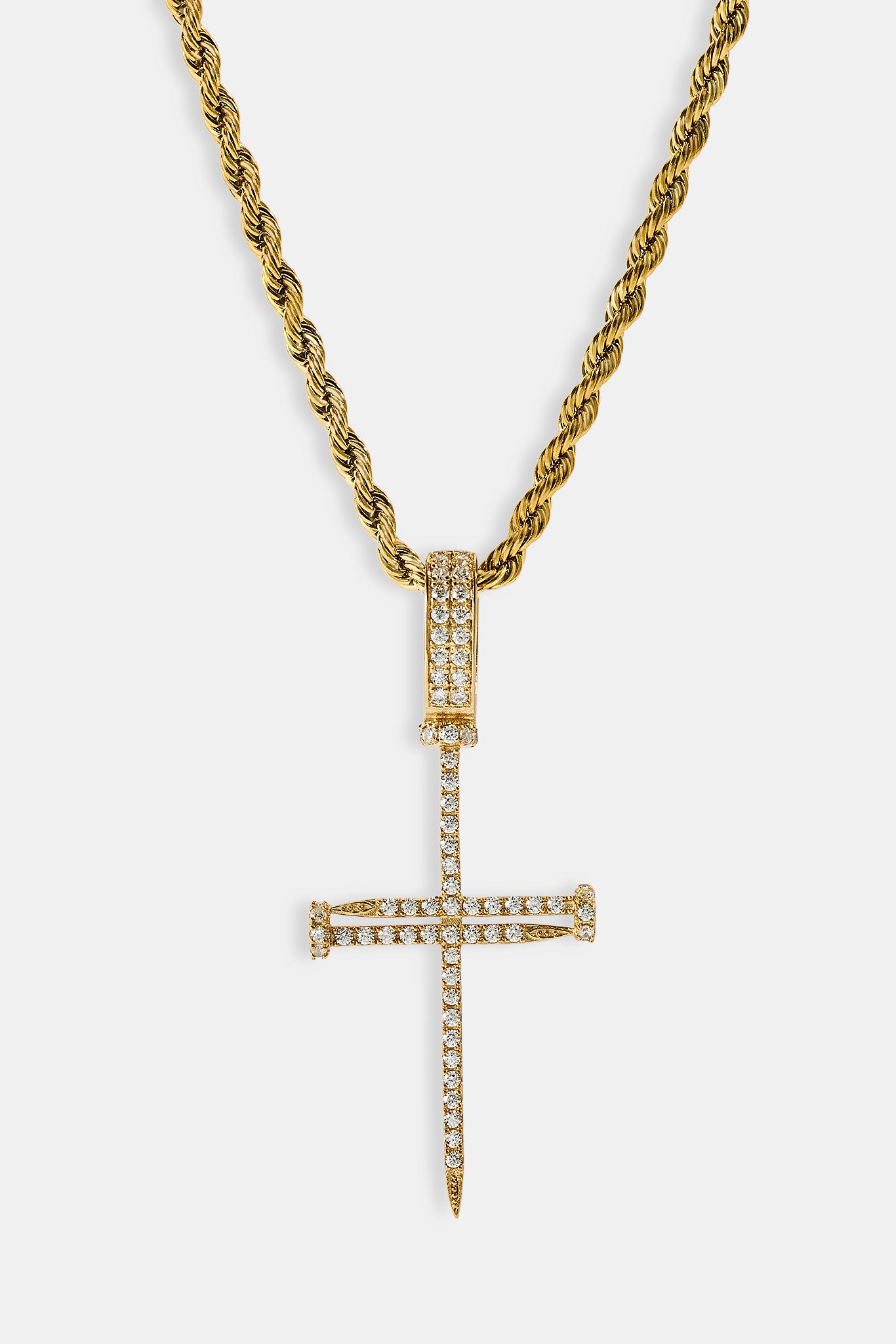 Iced Nail Cross Pendant Rope Necklace - 20mm - Gold