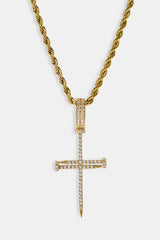 Iced Nail Cross Pendant Rope Necklace - 20mm - Gold