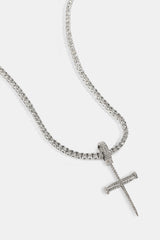Iced Nail Cross Pendant Tennis Necklace - 20mm - White
