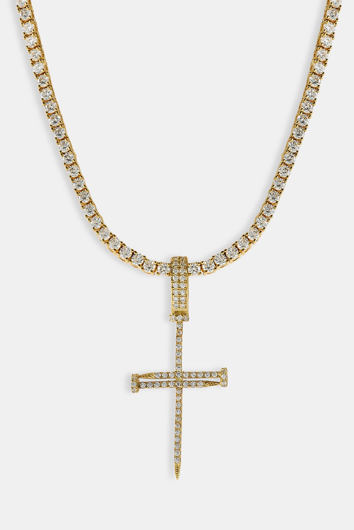 Iced Nail Cross Pendant Tennis Necklace - 20mm - Gold
