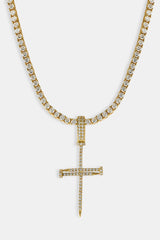 Iced Nail Cross Pendant Tennis Necklace - 20mm - Gold