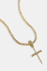 Iced Nail Cross Pendant Tennis Necklace - 20mm - Gold