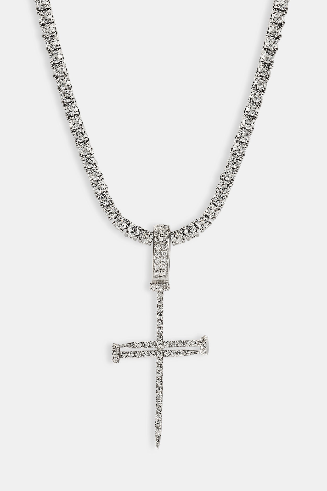 Iced Nail Cross Pendant Tennis Necklace - 20mm - White