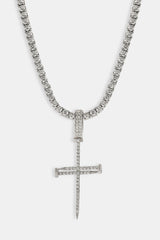 Iced Nail Cross Pendant Tennis Necklace - 20mm - White