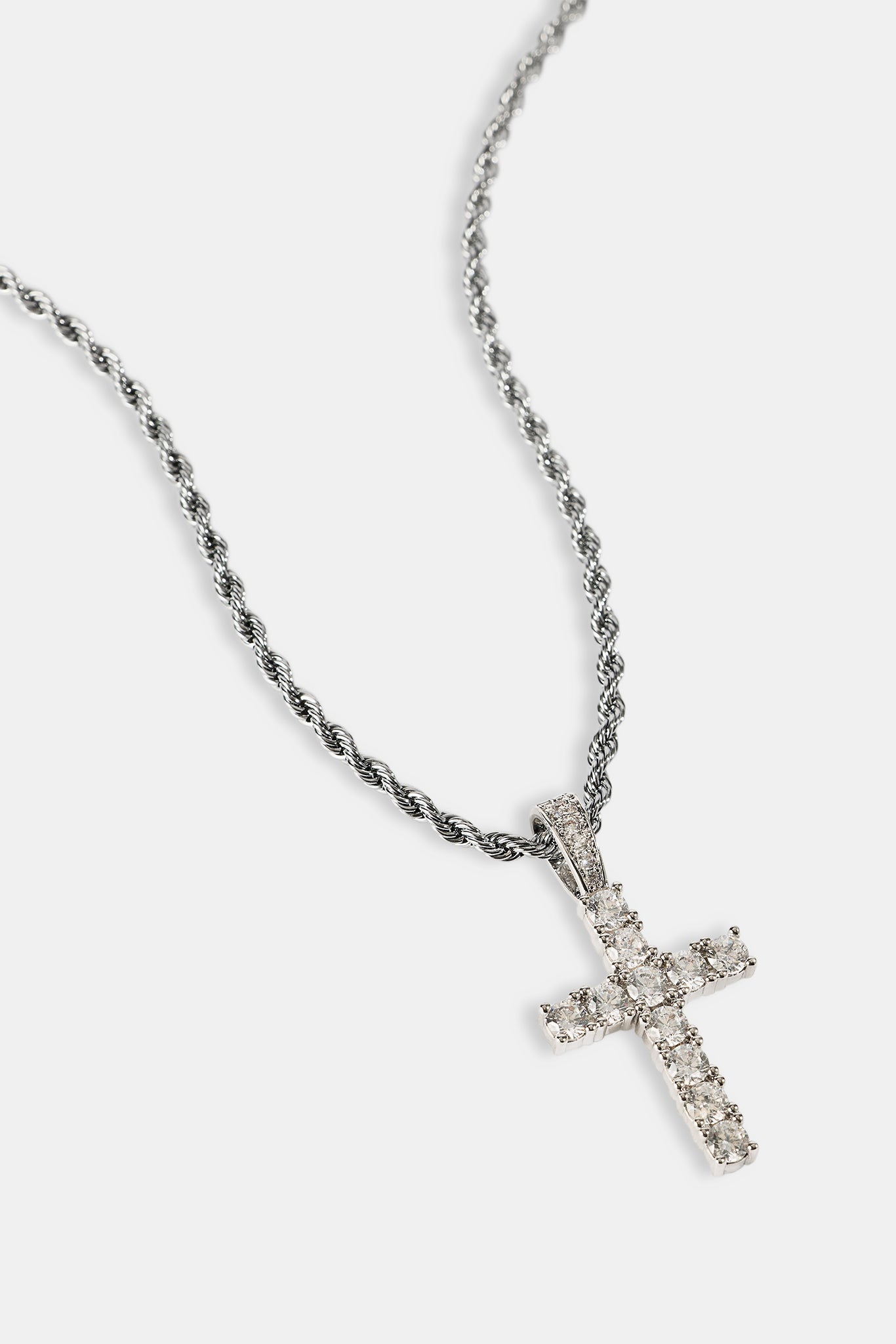 Iced Cross Pendant Rope Necklace - 30mm - White