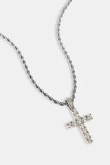 Iced Cross Pendant Rope Necklace - 30mm - White