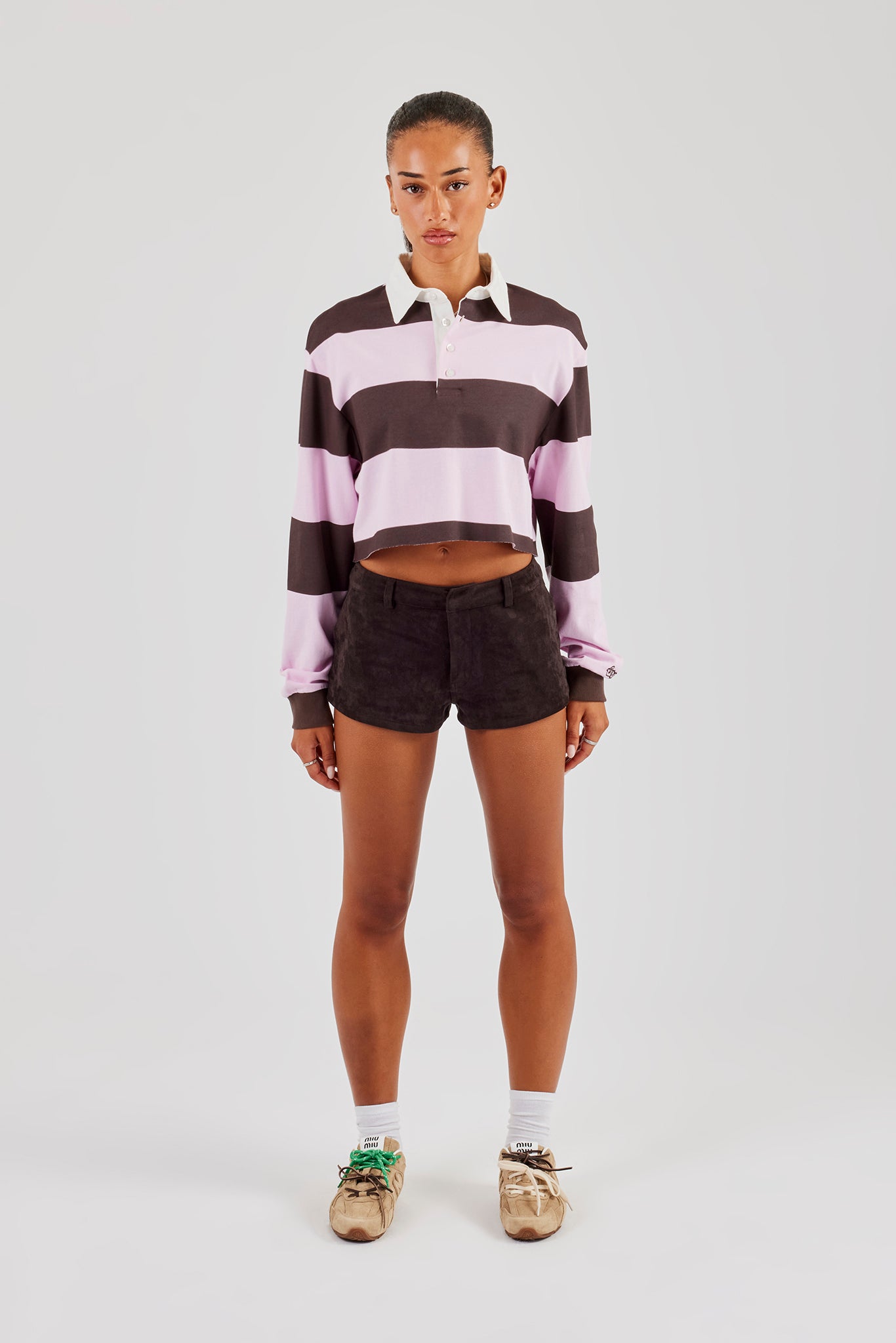 Kurzes gestreiftes Rugby-Poloshirt für Damen - Rosa