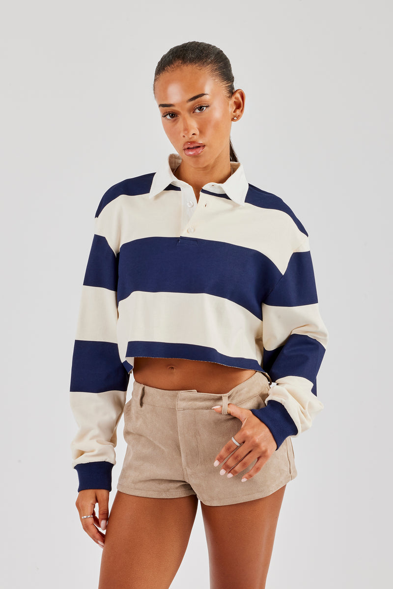 Kurzes gestreiftes Rugby-Poloshirt für Damen – Marineblau